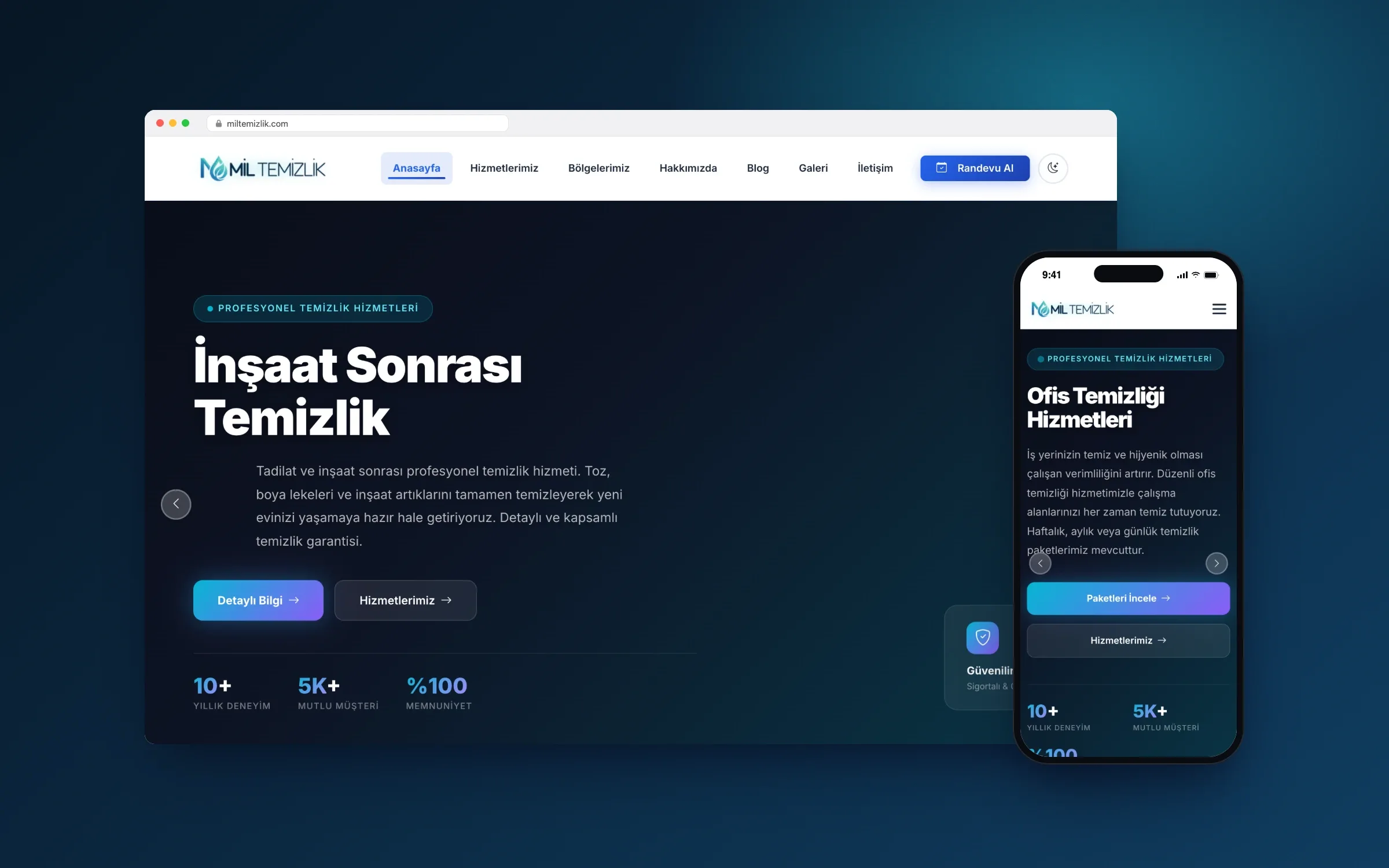 İstanbul geneli temizlik firması için açık ve koyu temalı kurumsal site