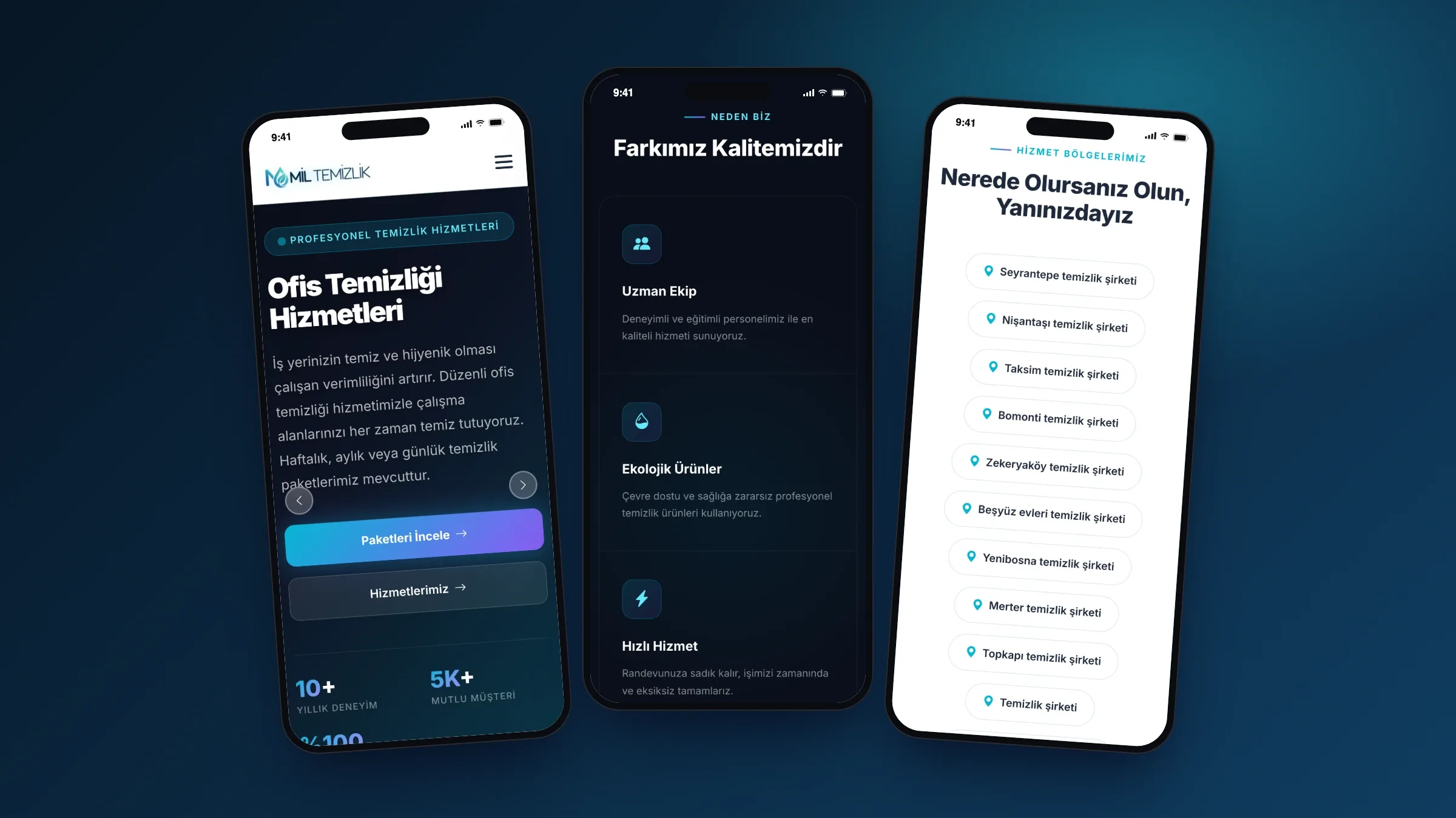 İstanbul geneli temizlik firması için açık ve koyu temalı kurumsal site - 1