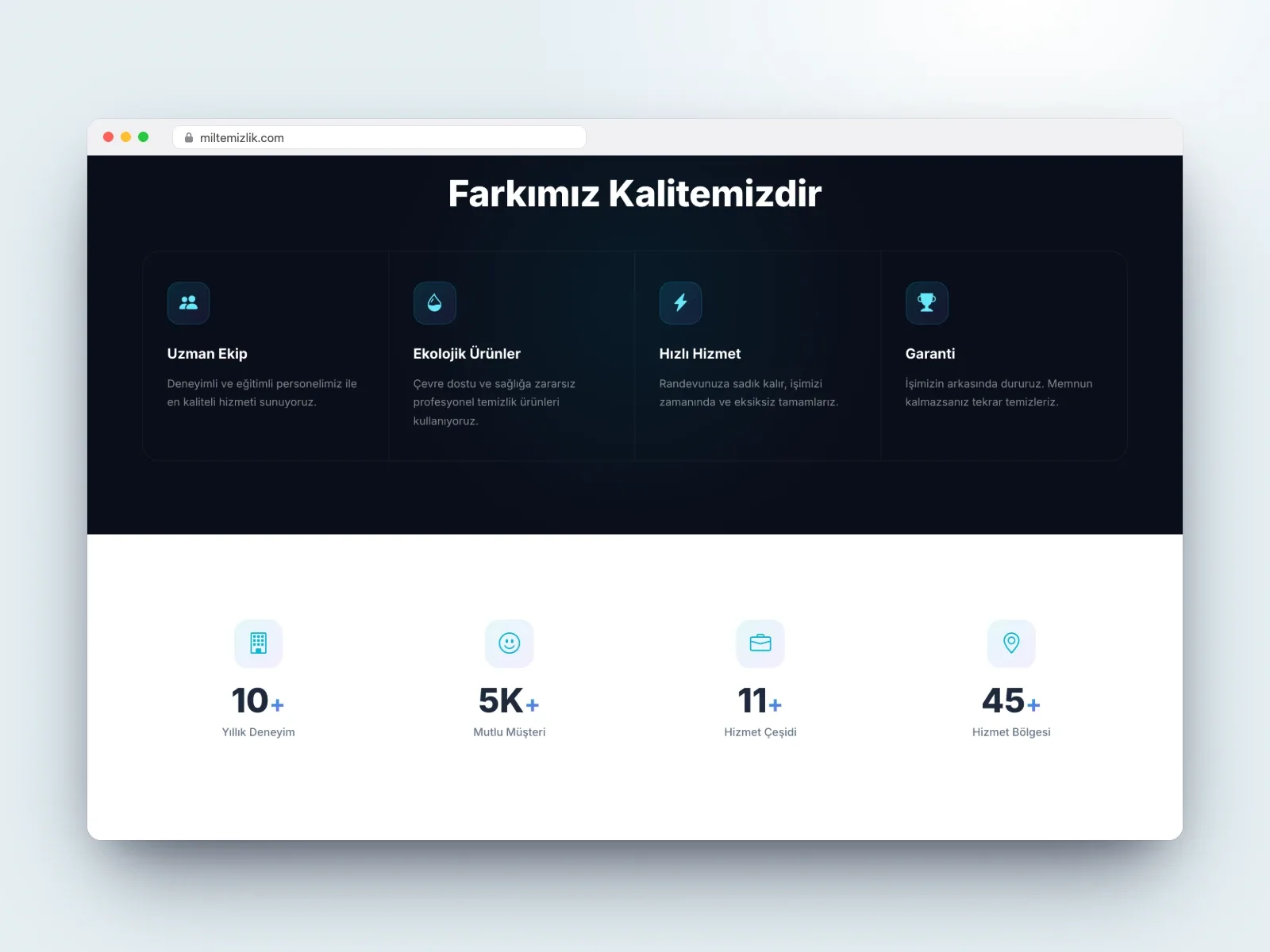 İstanbul geneli temizlik firması için açık ve koyu temalı kurumsal site - 3