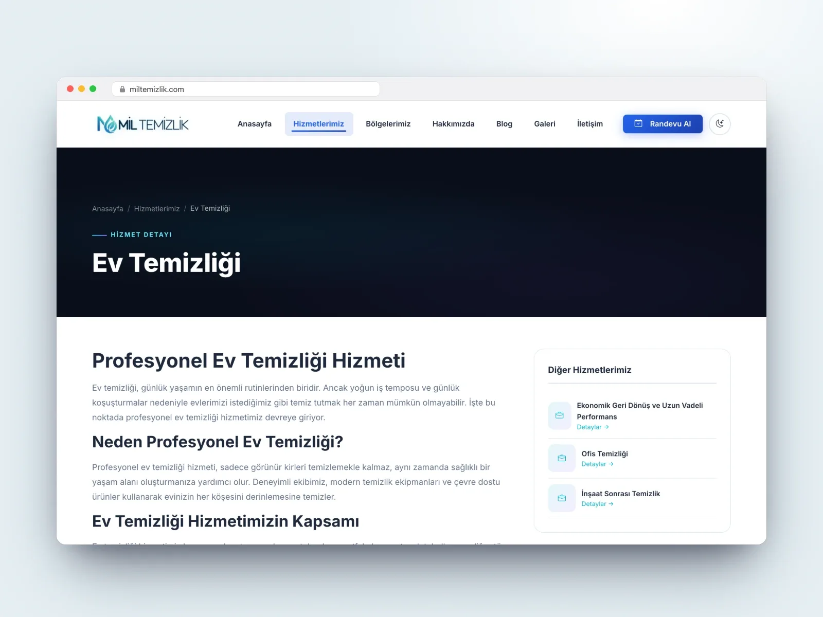 İstanbul geneli temizlik firması için açık ve koyu temalı kurumsal site - 4